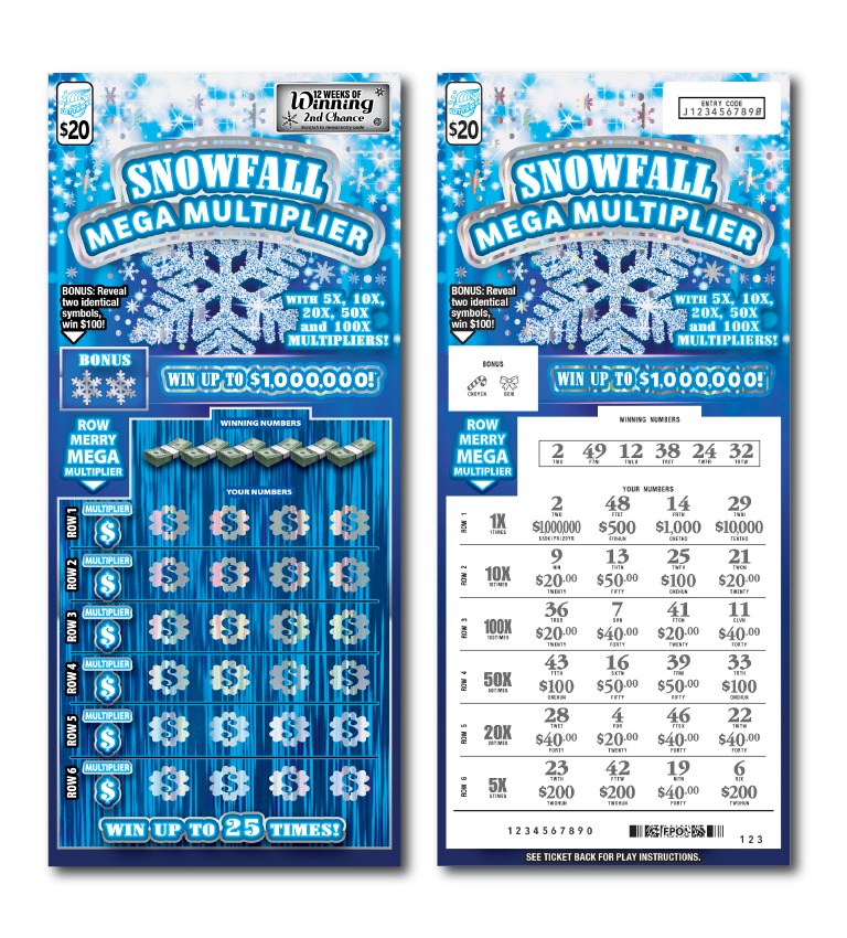 Snowfall Mega Multiplier scratch-off ticket