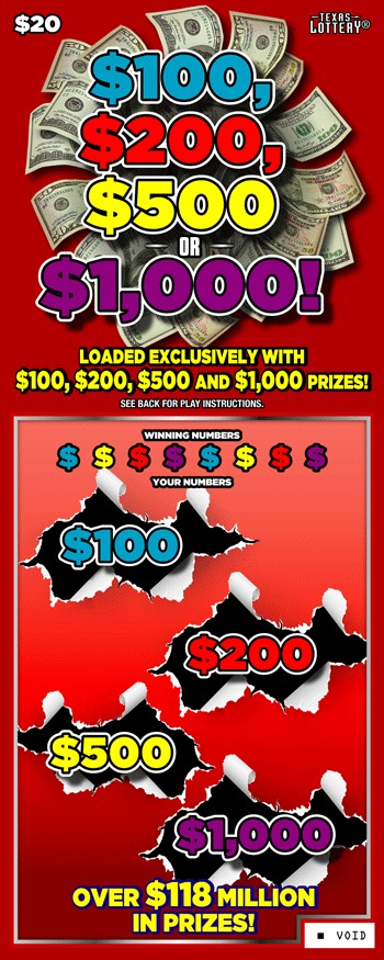 $100, $200, $500 OR $1,000! scratch-off ticket